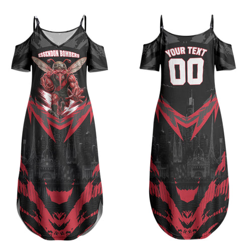 Personalised Essendon Bombers Football Family Matching Summer Maxi Dress and Hawaiian Shirt Fierce Mosquito Mascot 3D Grunge City Art