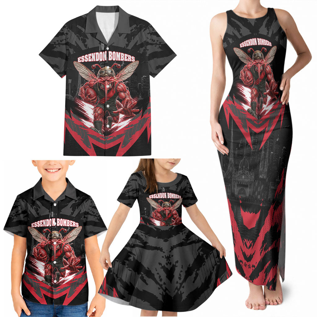 Personalised Essendon Bombers Football Family Matching Tank Maxi Dress and Hawaiian Shirt Fierce Mosquito Mascot 3D Grunge City Art