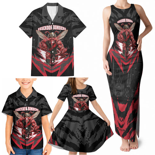 Personalised Essendon Bombers Football Family Matching Tank Maxi Dress and Hawaiian Shirt Fierce Mosquito Mascot 3D Grunge City Art