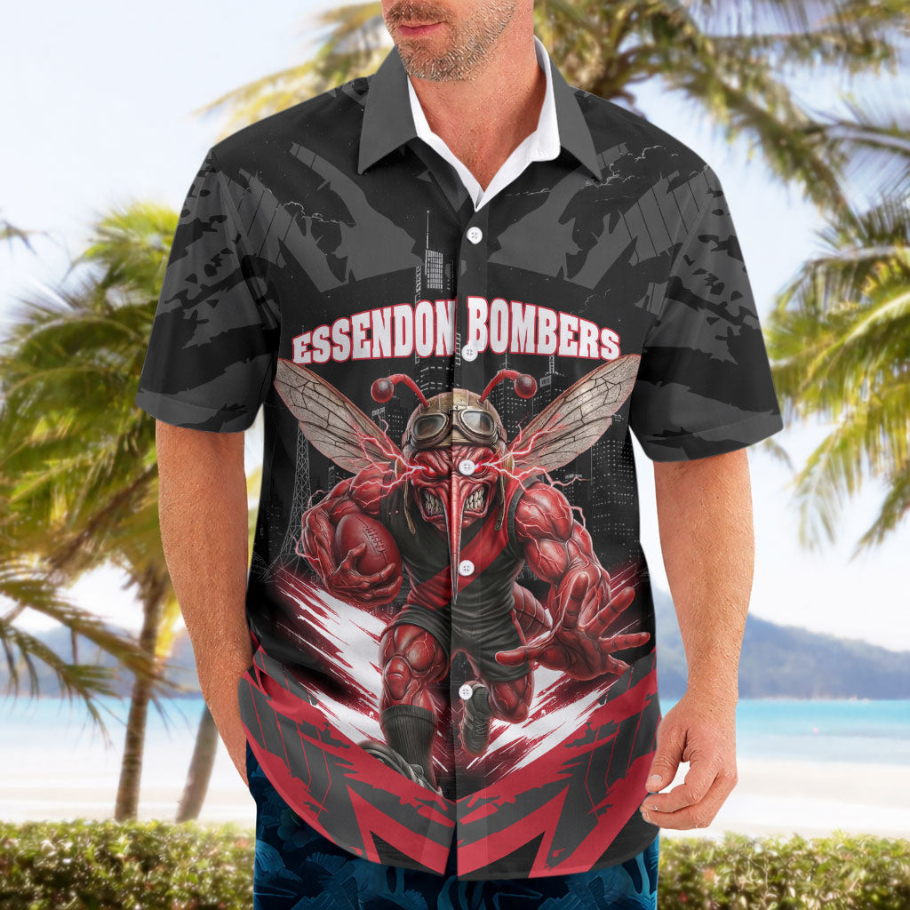 Personalised Essendon Bombers Football Hawaiian Shirt Fierce Mosquito Mascot 3D Grunge City Art