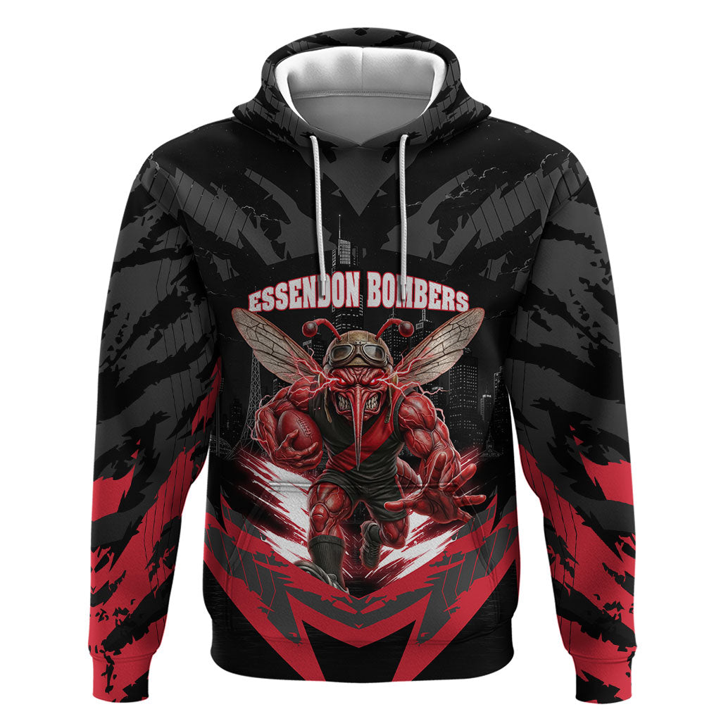 Personalised Essendon Bombers Football Hoodie Fierce Mosquito Mascot 3D Grunge City Art