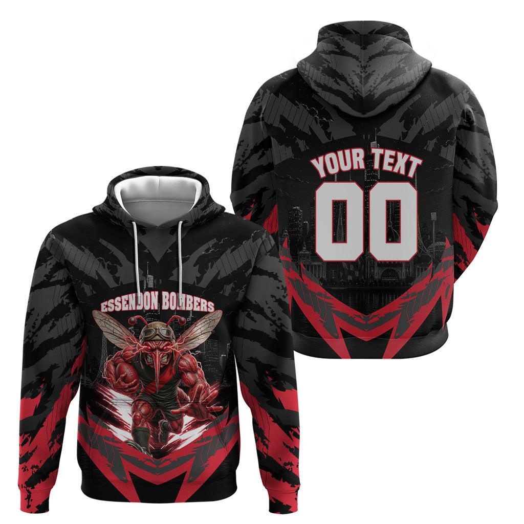 Personalised Essendon Bombers Football Hoodie Fierce Mosquito Mascot 3D Grunge City Art