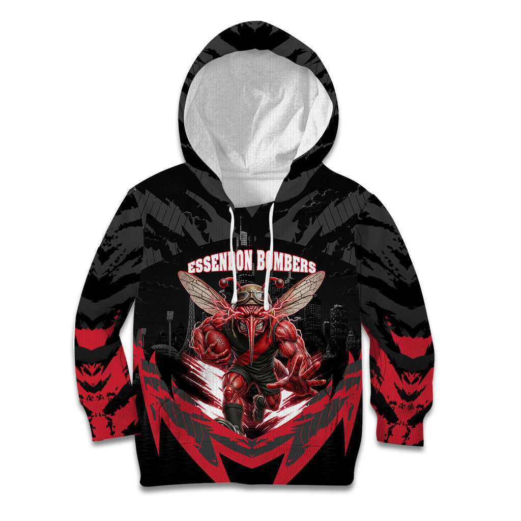 Personalised Essendon Bombers Football Kid Hoodie Fierce Mosquito Mascot 3D Grunge City Art
