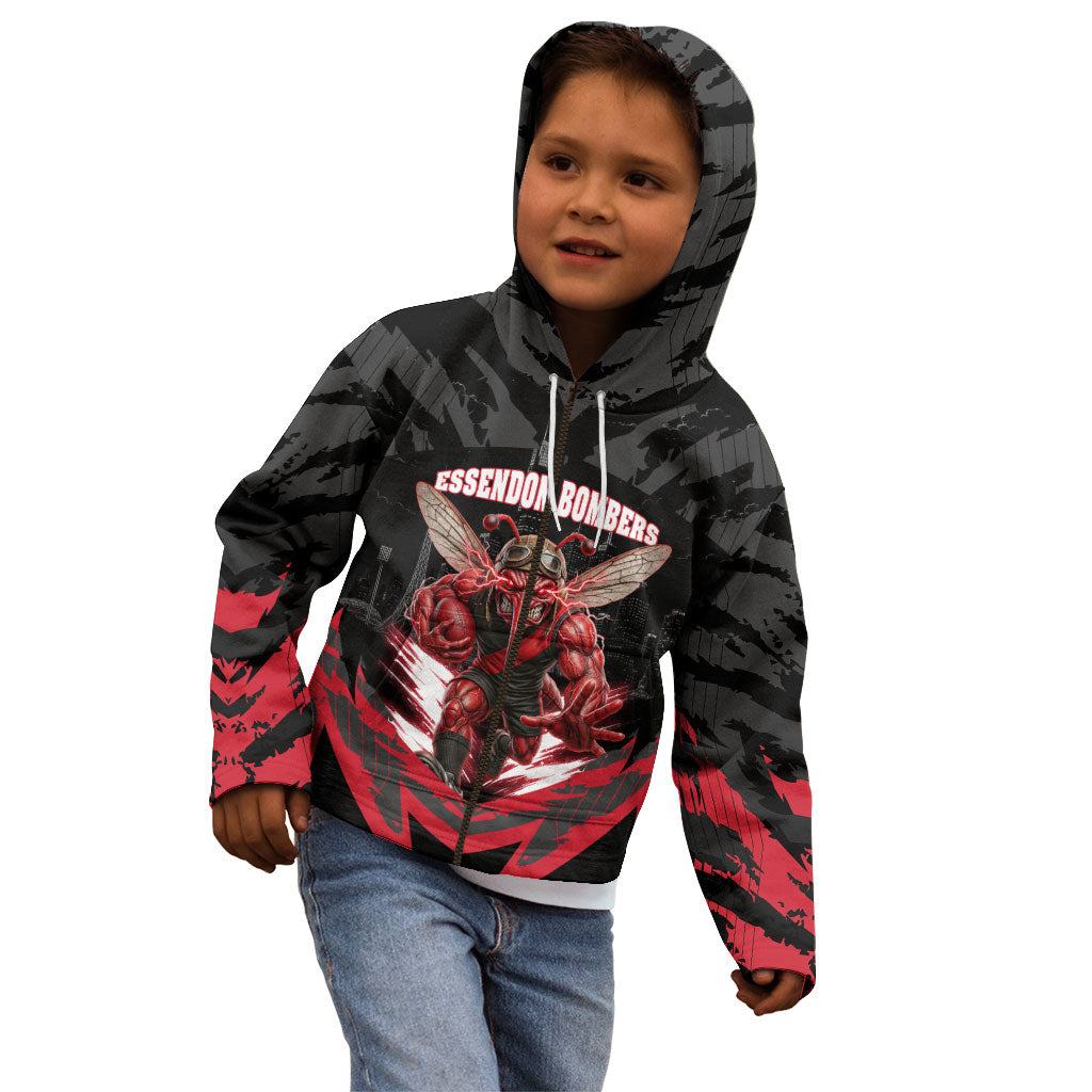 Personalised Essendon Bombers Football Kid Hoodie Fierce Mosquito Mascot 3D Grunge City Art