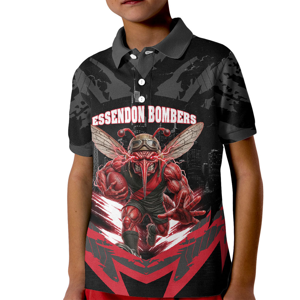 Personalised Essendon Bombers Football Kid Polo Shirt Fierce Mosquito Mascot 3D Grunge City Art