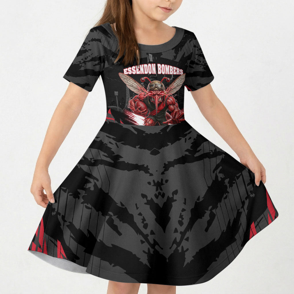 Personalised Essendon Bombers Football Kid Short Sleeve Dress Fierce Mosquito Mascot 3D Grunge City Art