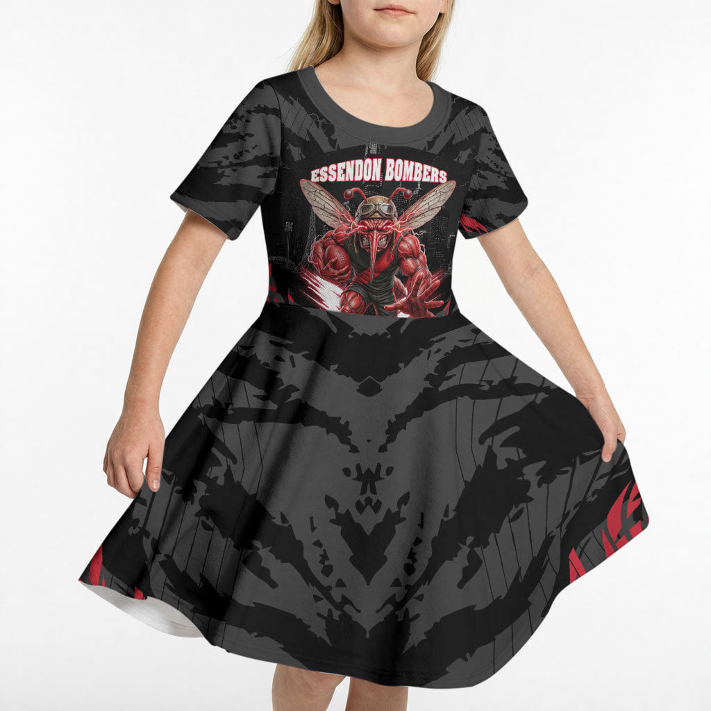 Personalised Essendon Bombers Football Kid Short Sleeve Dress Fierce Mosquito Mascot 3D Grunge City Art