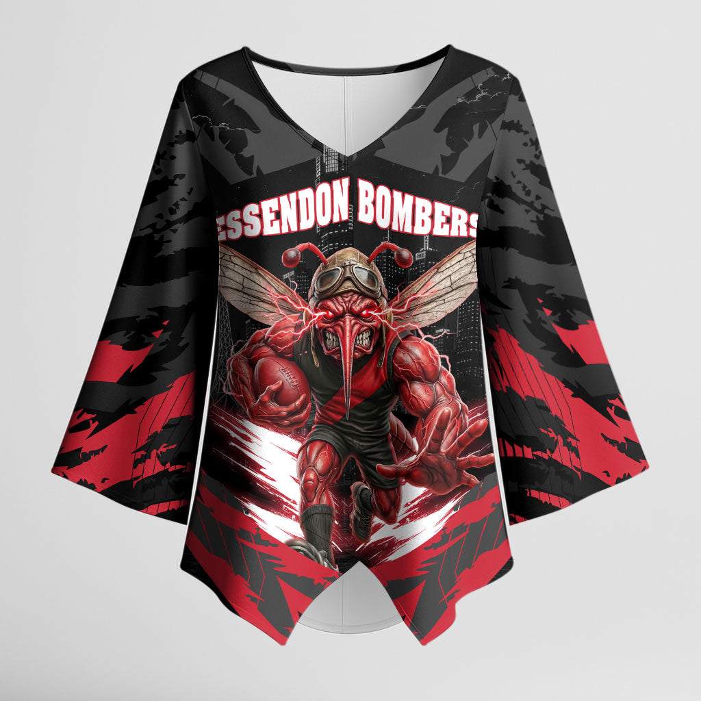 Personalised Essendon Bombers Football Kimono Sleeve Blouse Fierce Mosquito Mascot 3D Grunge City Art