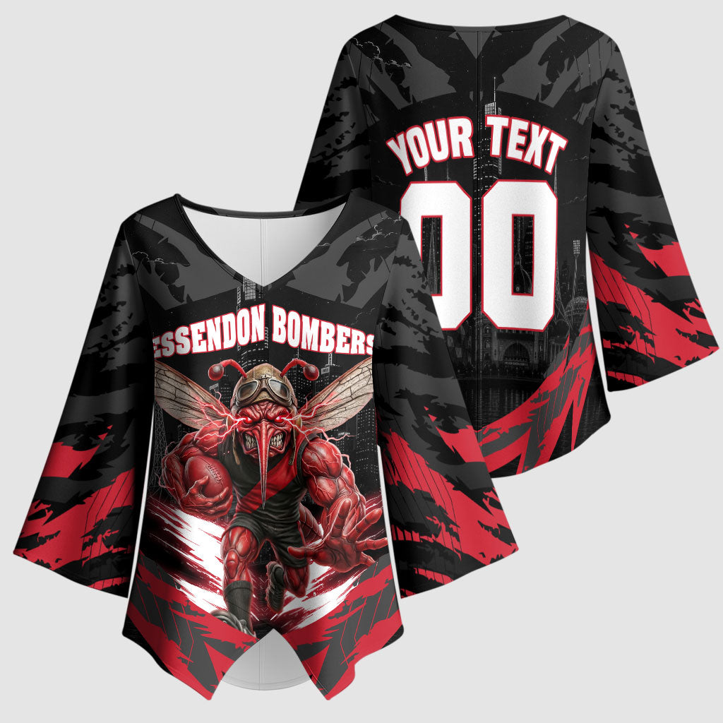 Personalised Essendon Bombers Football Kimono Sleeve Blouse Fierce Mosquito Mascot 3D Grunge City Art