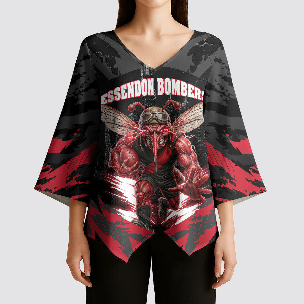 Personalised Essendon Bombers Football Kimono Sleeve Blouse Fierce Mosquito Mascot 3D Grunge City Art