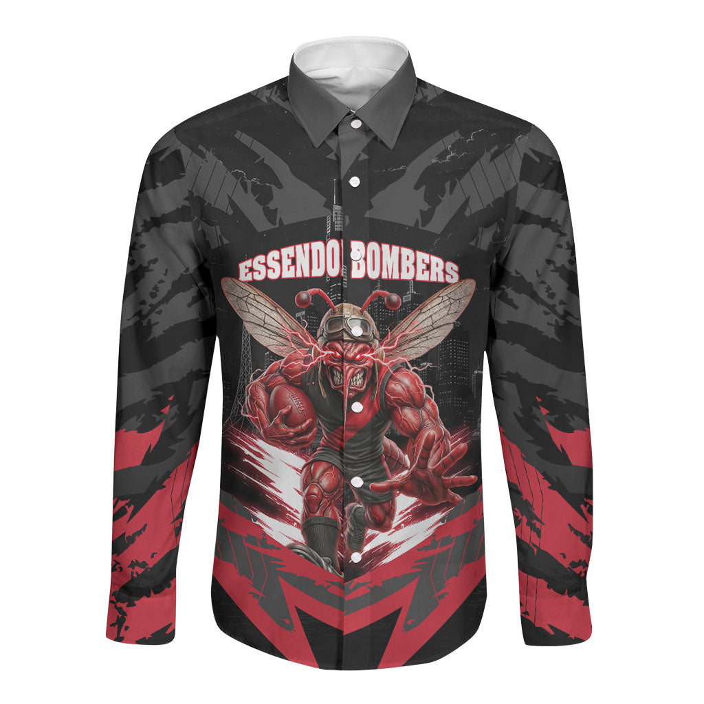 Personalised Essendon Bombers Football Long Sleeve Button Shirt Fierce Mosquito Mascot 3D Grunge City Art