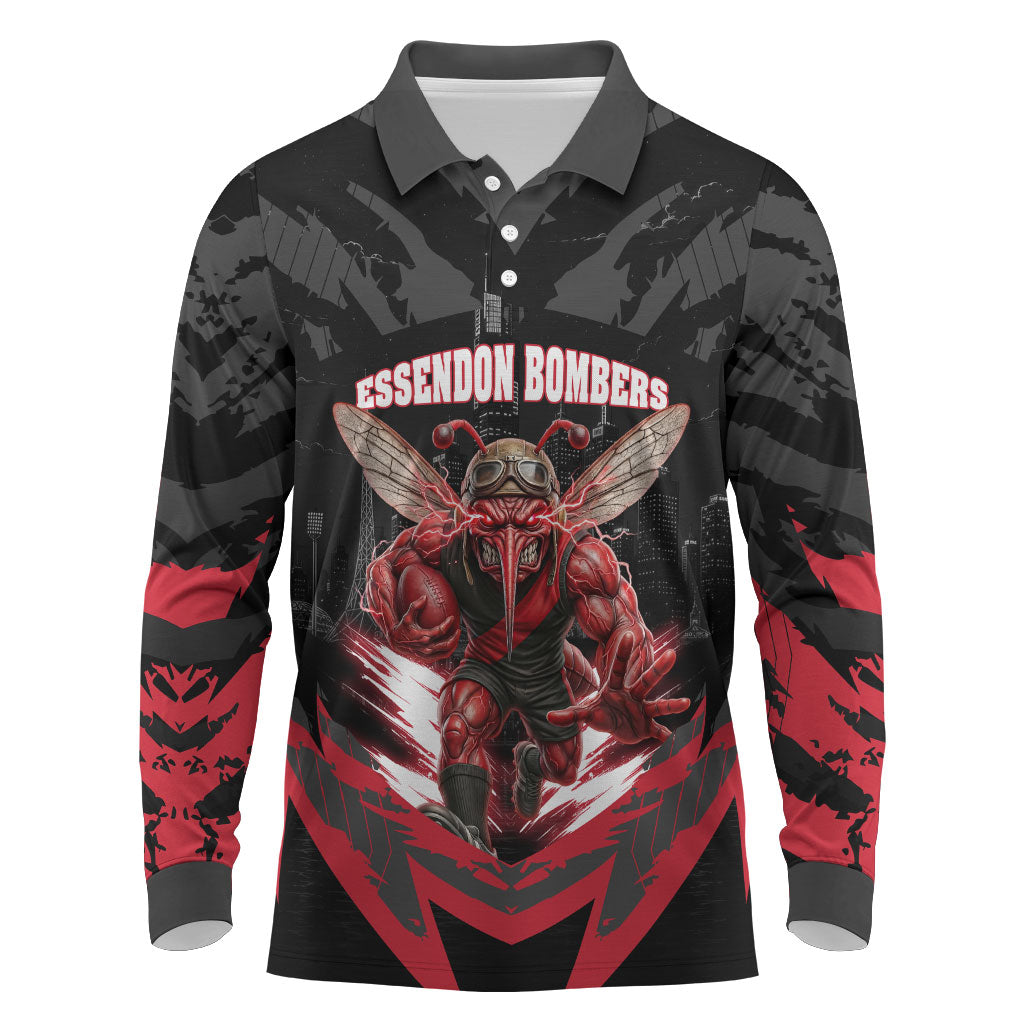 Personalised Essendon Bombers Football Long Sleeve Polo Shirt Fierce Mosquito Mascot 3D Grunge City Art