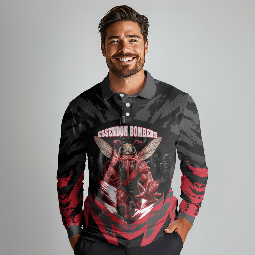 Personalised Essendon Bombers Football Long Sleeve Polo Shirt Fierce Mosquito Mascot 3D Grunge City Art