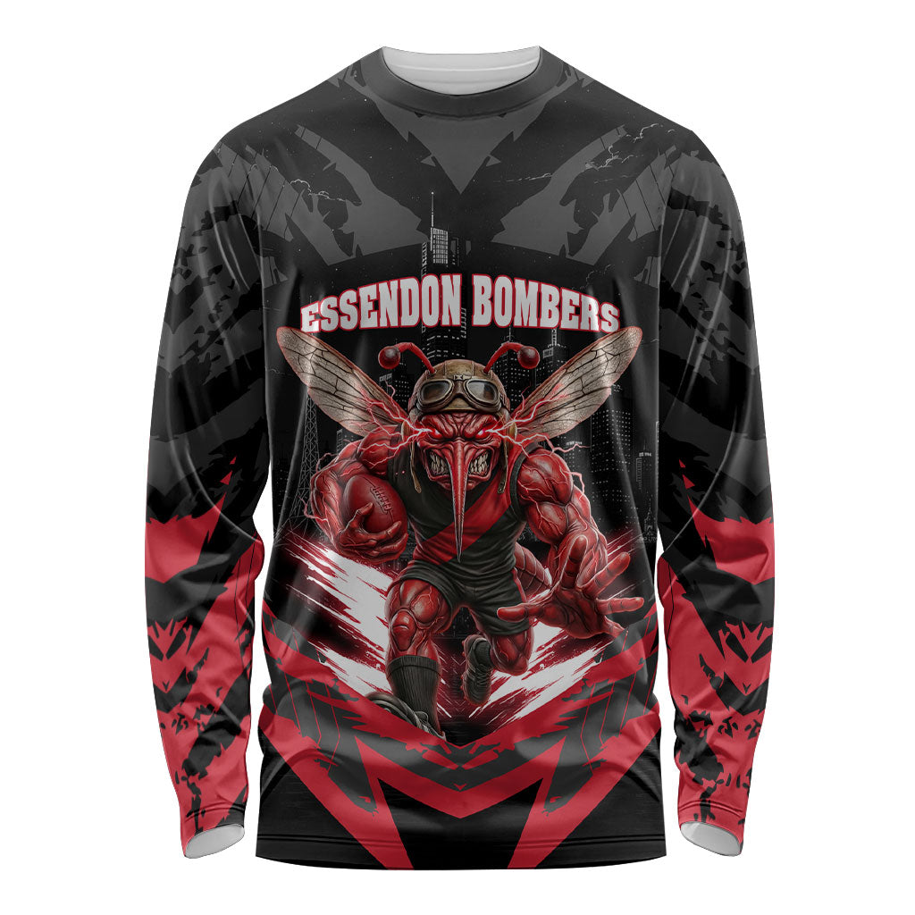 Personalised Essendon Bombers Football Long Sleeve Shirt Fierce Mosquito Mascot 3D Grunge City Art