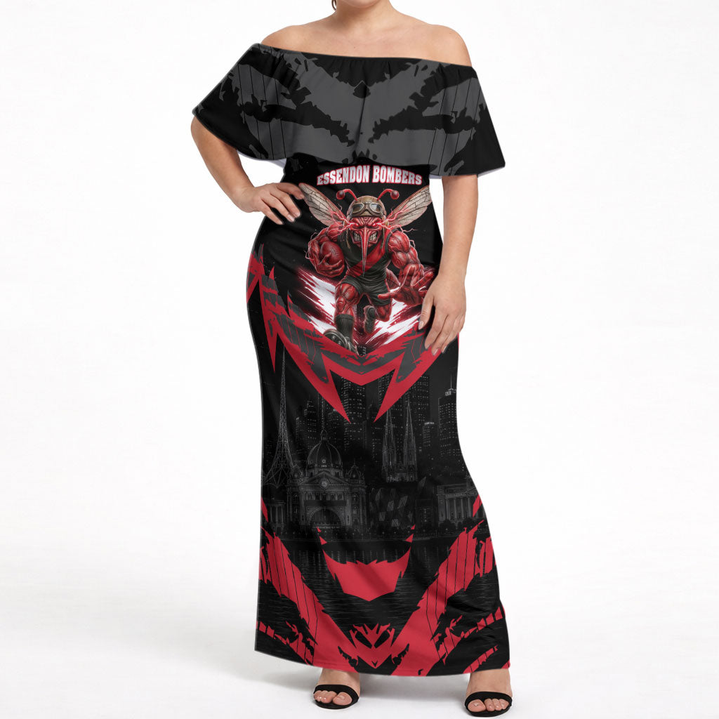 Personalised Essendon Bombers Football Off Shoulder Maxi Dress Fierce Mosquito Mascot 3D Grunge City Art
