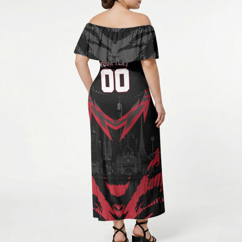 Personalised Essendon Bombers Football Off Shoulder Maxi Dress Fierce Mosquito Mascot 3D Grunge City Art