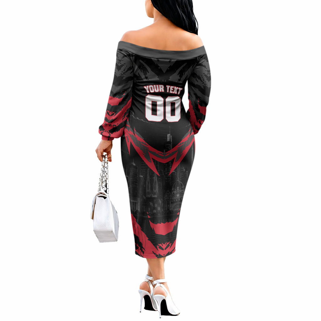 Personalised Essendon Bombers Football Off The Shoulder Long Sleeve Dress Fierce Mosquito Mascot 3D Grunge City Art
