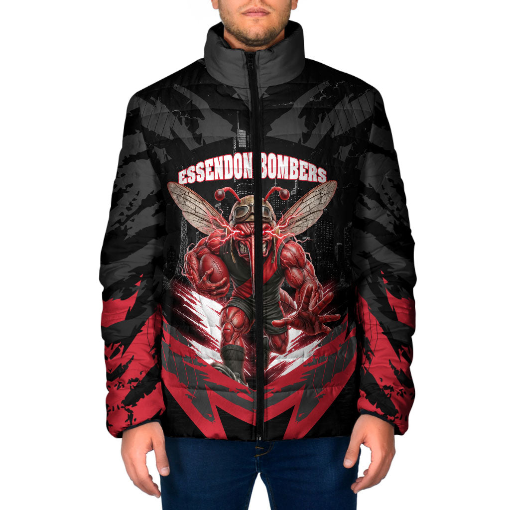 Personalised Essendon Bombers Football Padded Jacket Fierce Mosquito Mascot 3D Grunge City Art