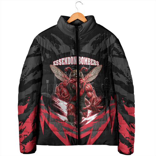 Personalised Essendon Bombers Football Padded Jacket Fierce Mosquito Mascot 3D Grunge City Art