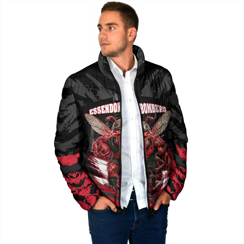 Personalised Essendon Bombers Football Padded Jacket Fierce Mosquito Mascot 3D Grunge City Art