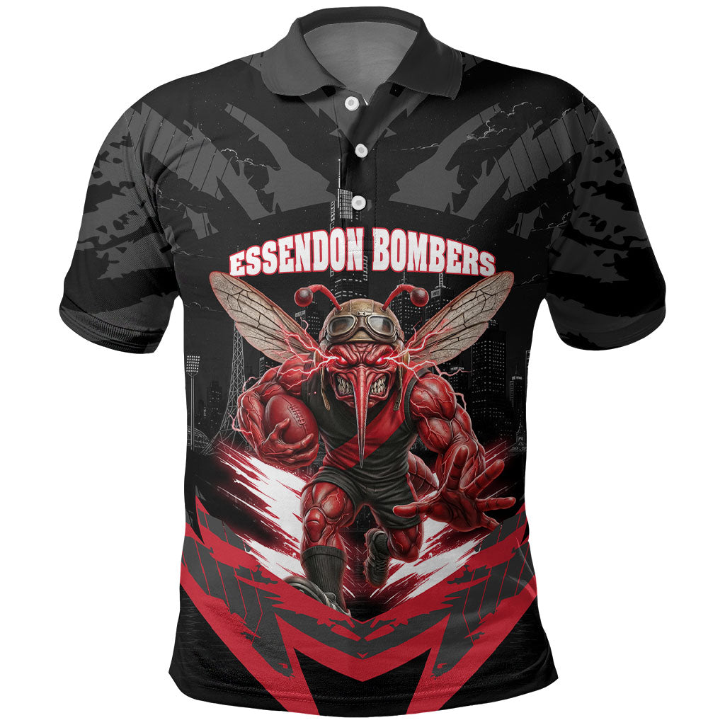 Personalised Essendon Bombers Football Polo Shirt Fierce Mosquito Mascot 3D Grunge City Art