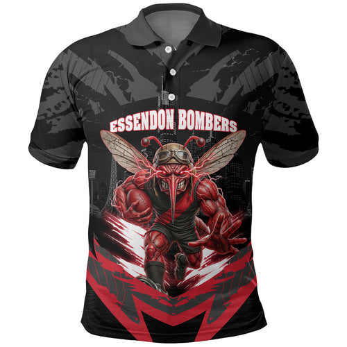 Personalised Essendon Bombers Football Polo Shirt Fierce Mosquito Mascot 3D Grunge City Art