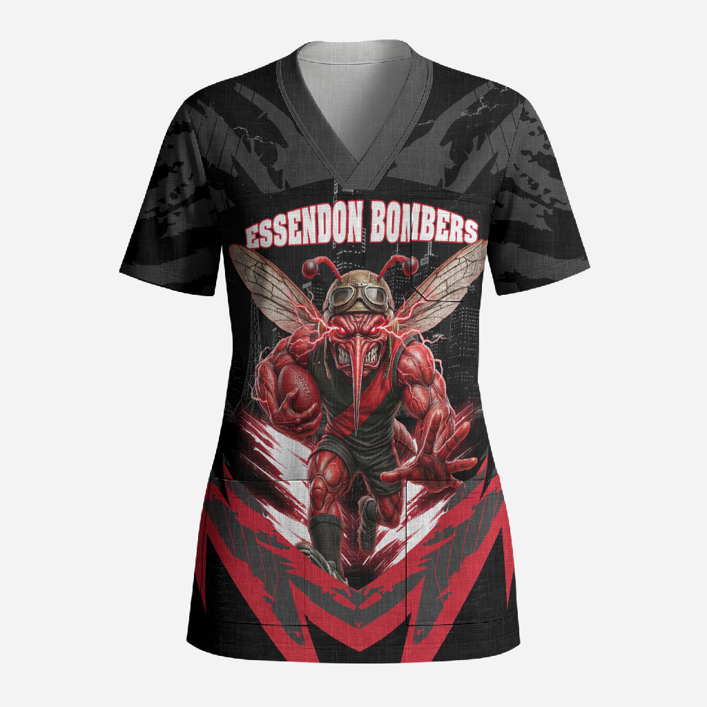 Personalised Essendon Bombers Football Scrub Top Fierce Mosquito Mascot 3D Grunge City Art