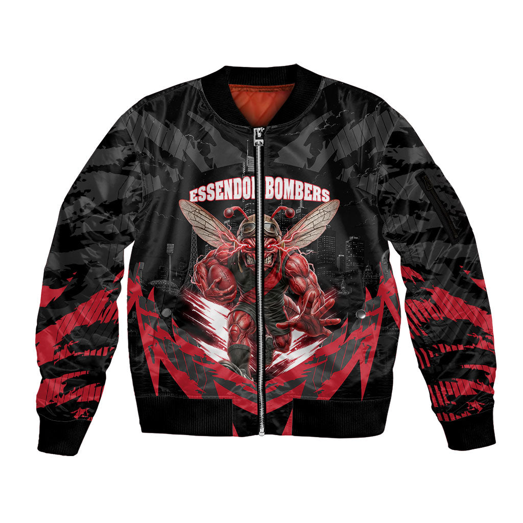 Personalised Essendon Bombers Football Sleeve Zip Bomber Jacket Fierce Mosquito Mascot 3D Grunge City Art