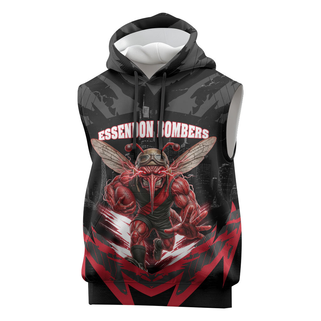 Personalised Essendon Bombers Football Sleeveless Hoodie Fierce Mosquito Mascot 3D Grunge City Art