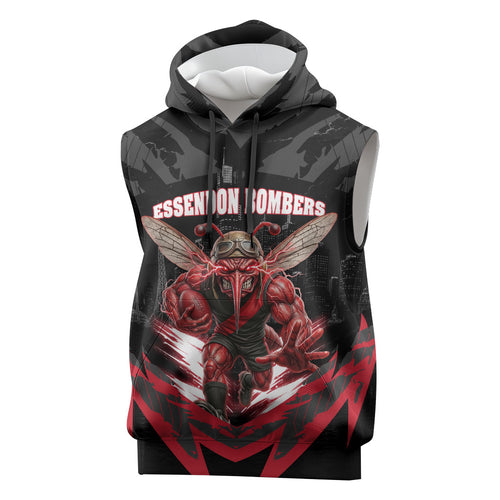 Personalised Essendon Bombers Football Sleeveless Hoodie Fierce Mosquito Mascot 3D Grunge City Art