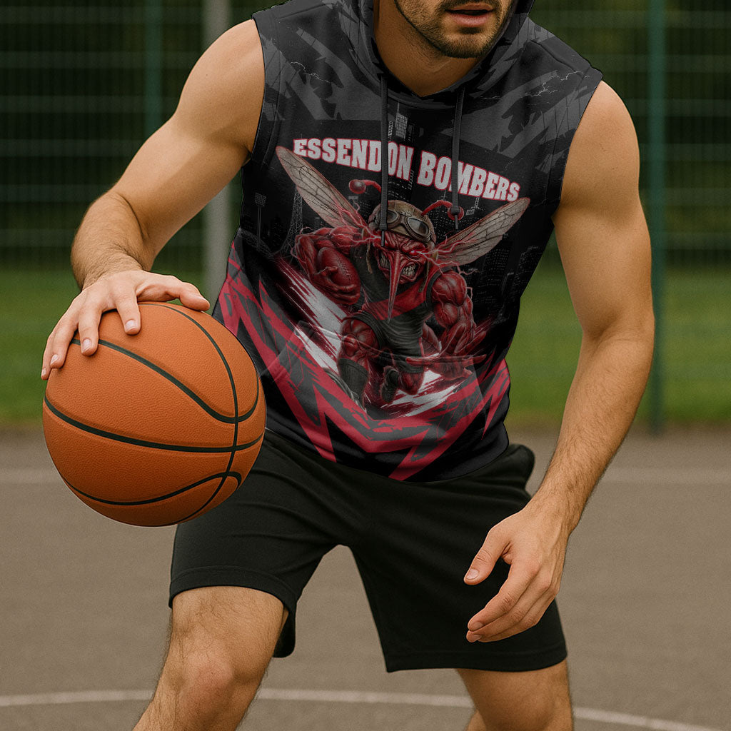 Personalised Essendon Bombers Football Sleeveless Hoodie Fierce Mosquito Mascot 3D Grunge City Art