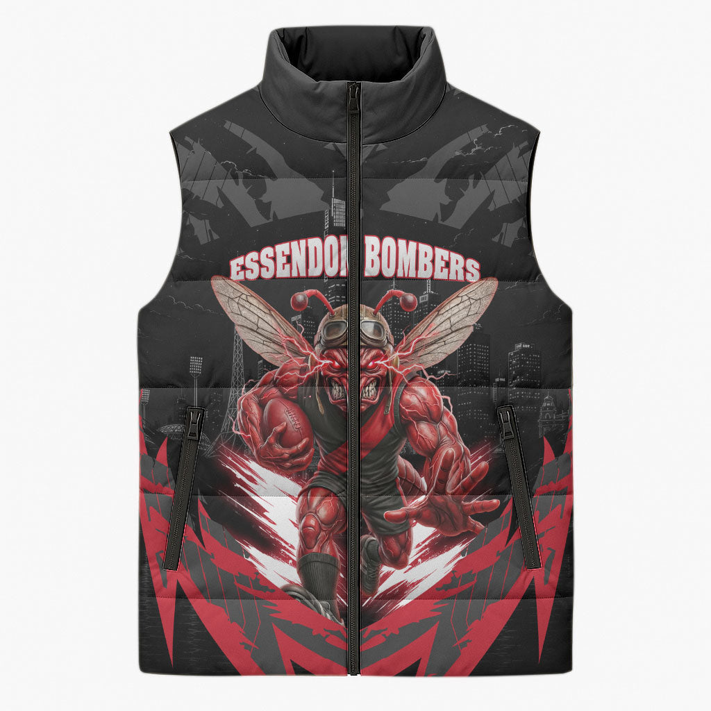 Personalised Essendon Bombers Football Sleeveless Puffer Jacket Fierce Mosquito Mascot 3D Grunge City Art