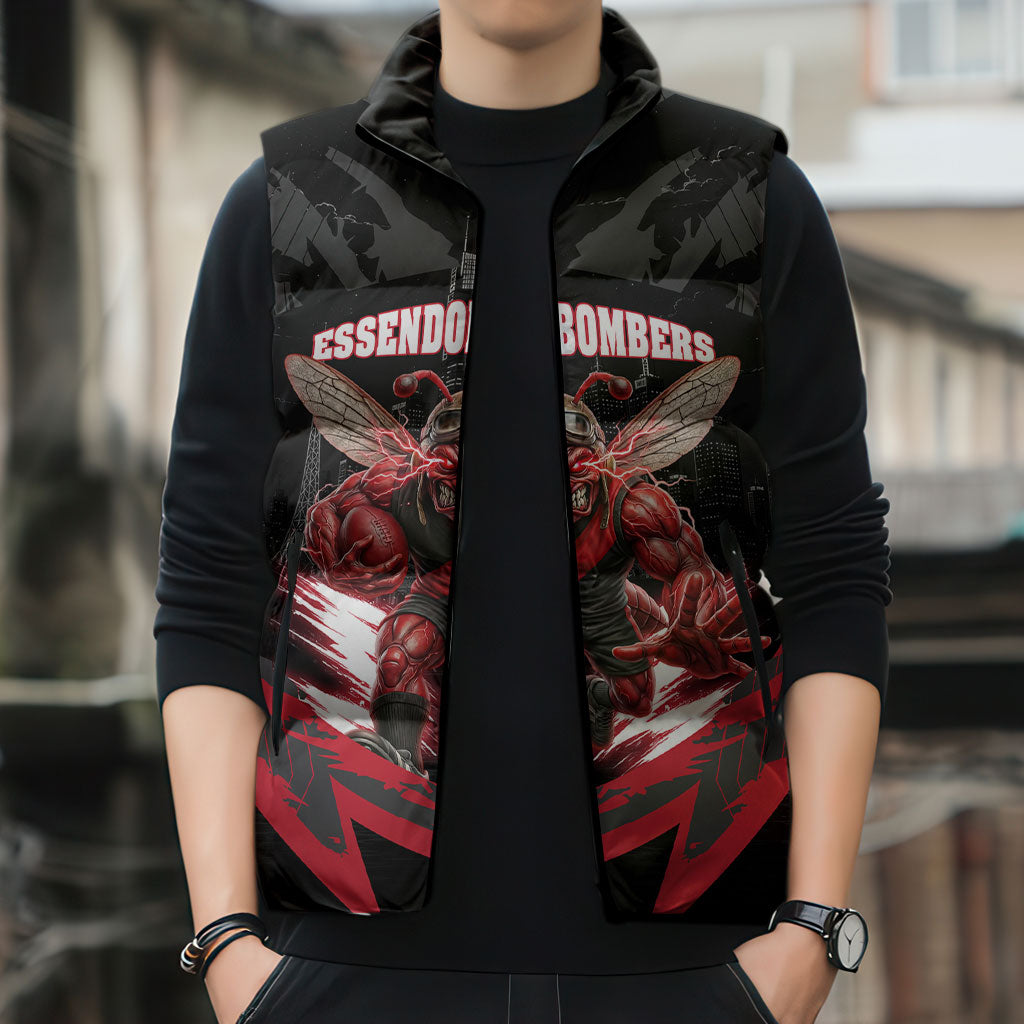 Personalised Essendon Bombers Football Sleeveless Puffer Jacket Fierce Mosquito Mascot 3D Grunge City Art