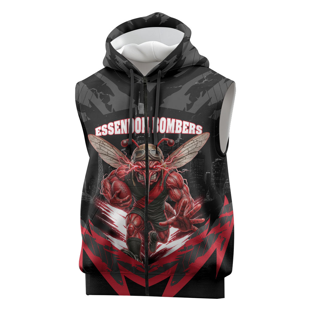 Personalised Essendon Bombers Football Sleeveless Zip Hoodie Fierce Mosquito Mascot 3D Grunge City Art