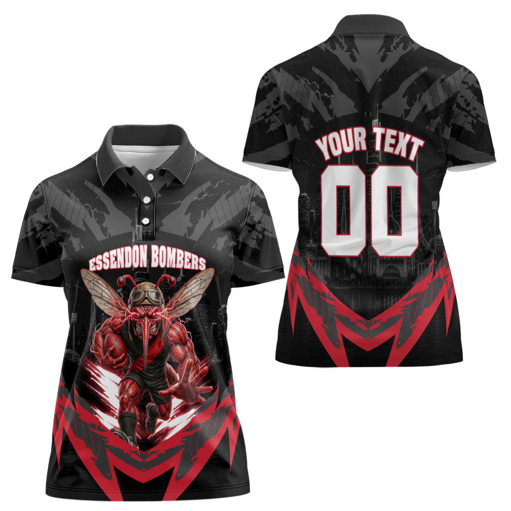 Personalised Essendon Bombers Football Women Polo Shirt Fierce Mosquito Mascot 3D Grunge City Art