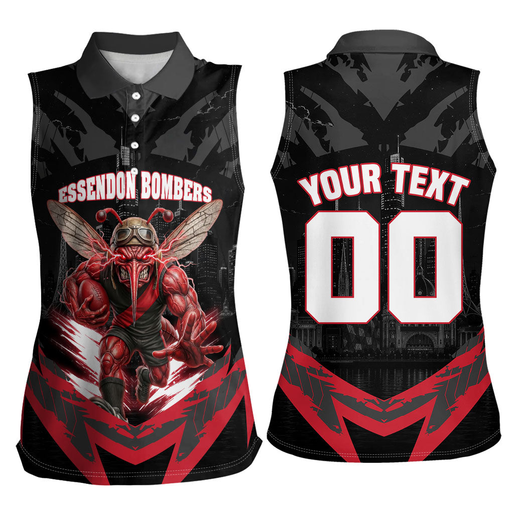 Personalised Essendon Bombers Football Women Sleeveless Polo Shirt Fierce Mosquito Mascot 3D Grunge City Art