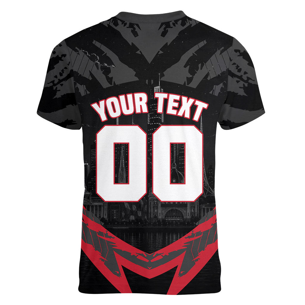 Personalised Essendon Bombers Football Women V-Neck T-Shirt Fierce Mosquito Mascot 3D Grunge City Art