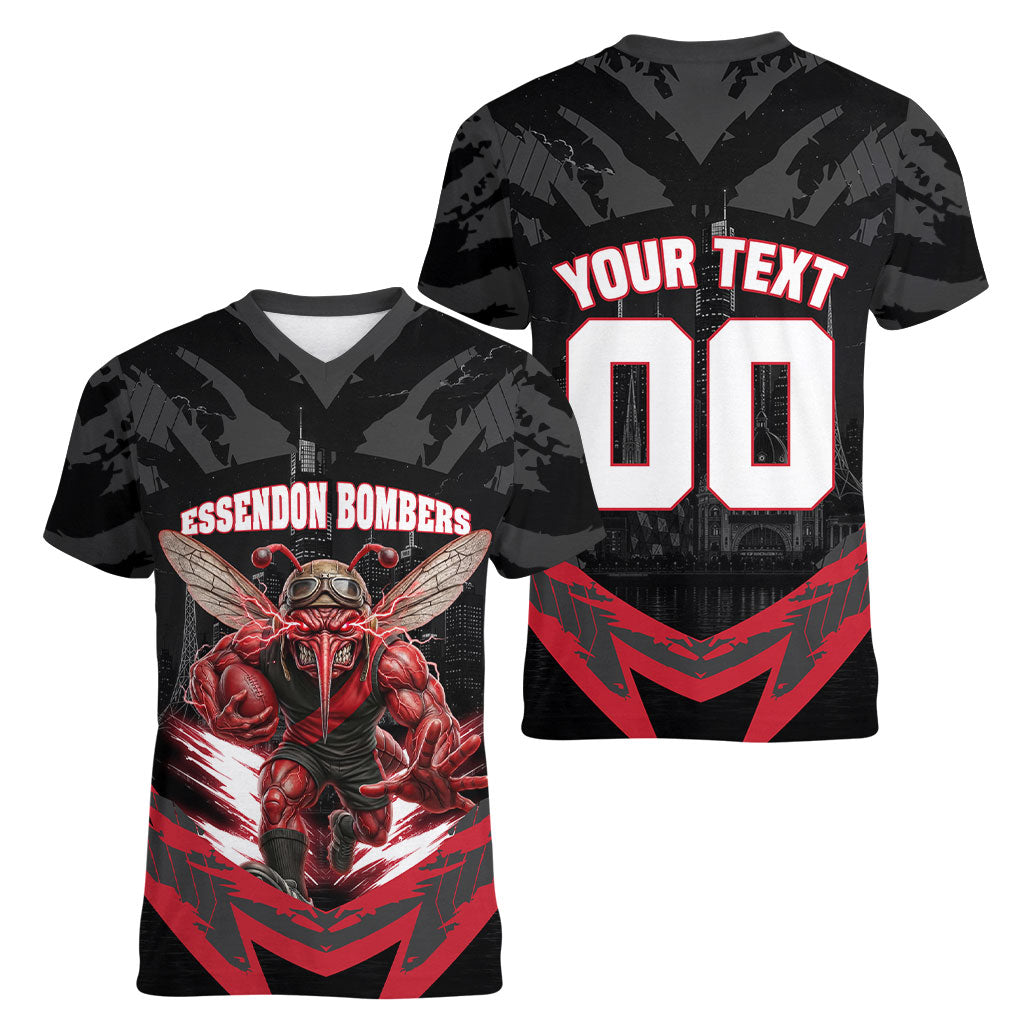 Personalised Essendon Bombers Football Women V-Neck T-Shirt Fierce Mosquito Mascot 3D Grunge City Art