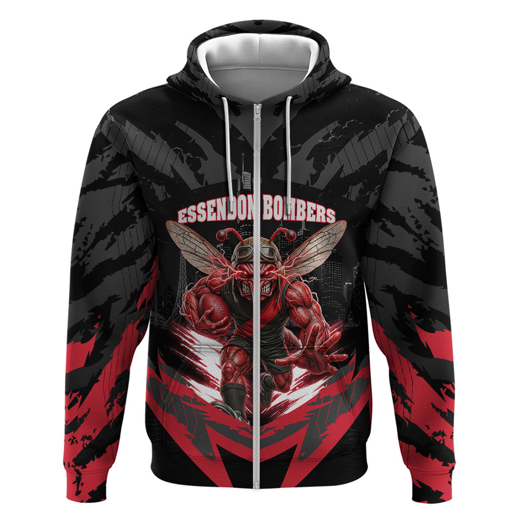 Personalised Essendon Bombers Football Zip Hoodie Fierce Mosquito Mascot 3D Grunge City Art