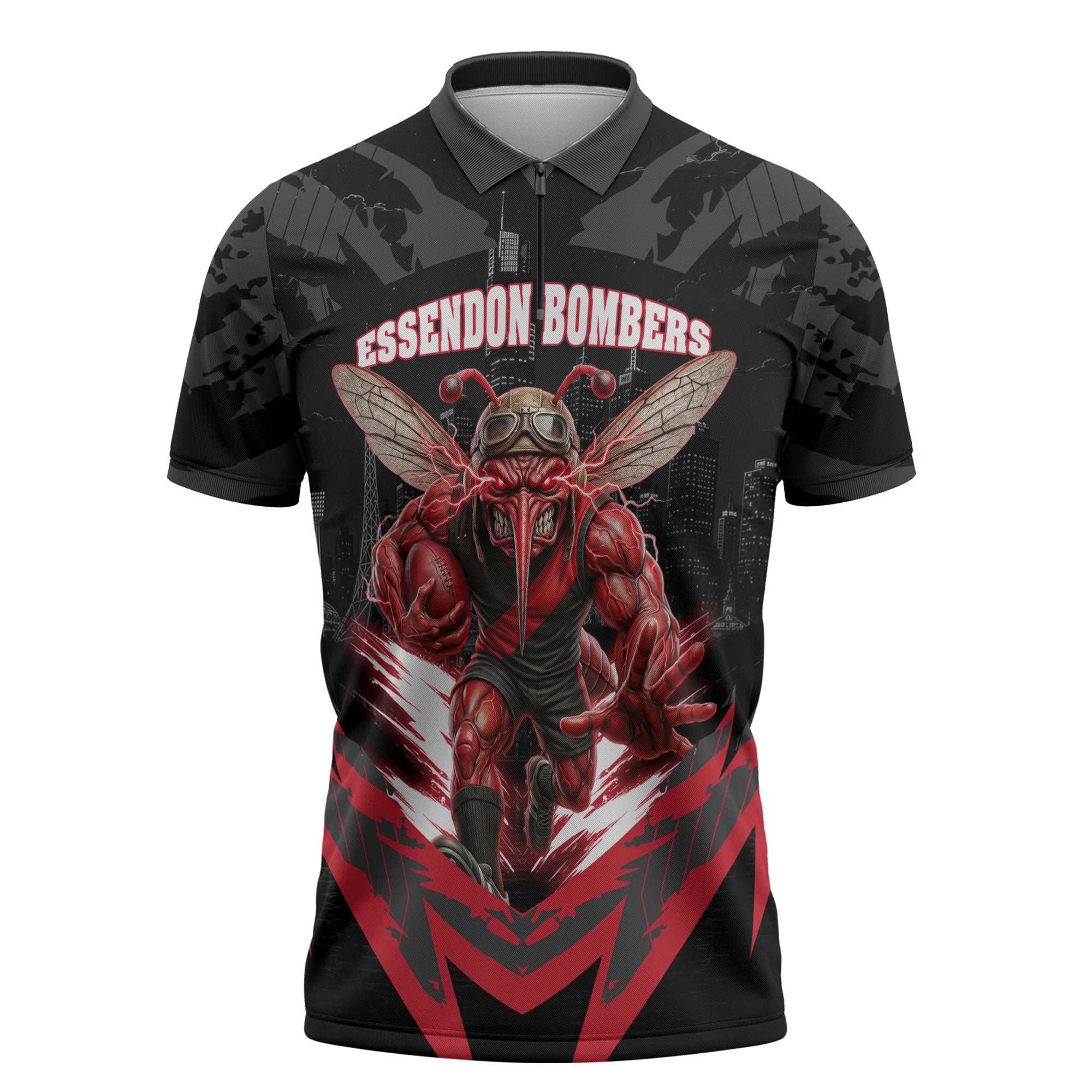 Personalised Essendon Bombers Football Zipper Polo Shirt Fierce Mosquito Mascot 3D Grunge City Art