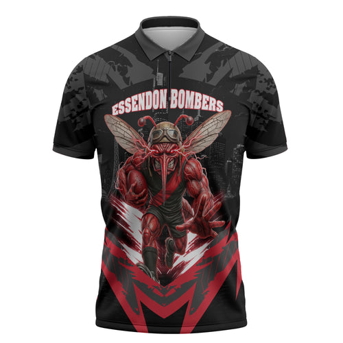 Personalised Essendon Bombers Football Zipper Polo Shirt Fierce Mosquito Mascot 3D Grunge City Art