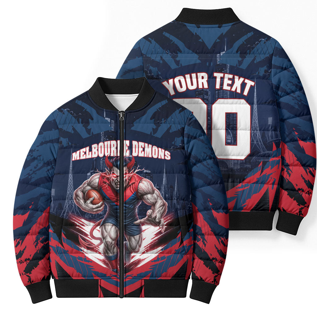 Personalised Melbourne Demons Football Bomber Puffer Jacket Fierce Devil Mascot 3D Grunge City Art