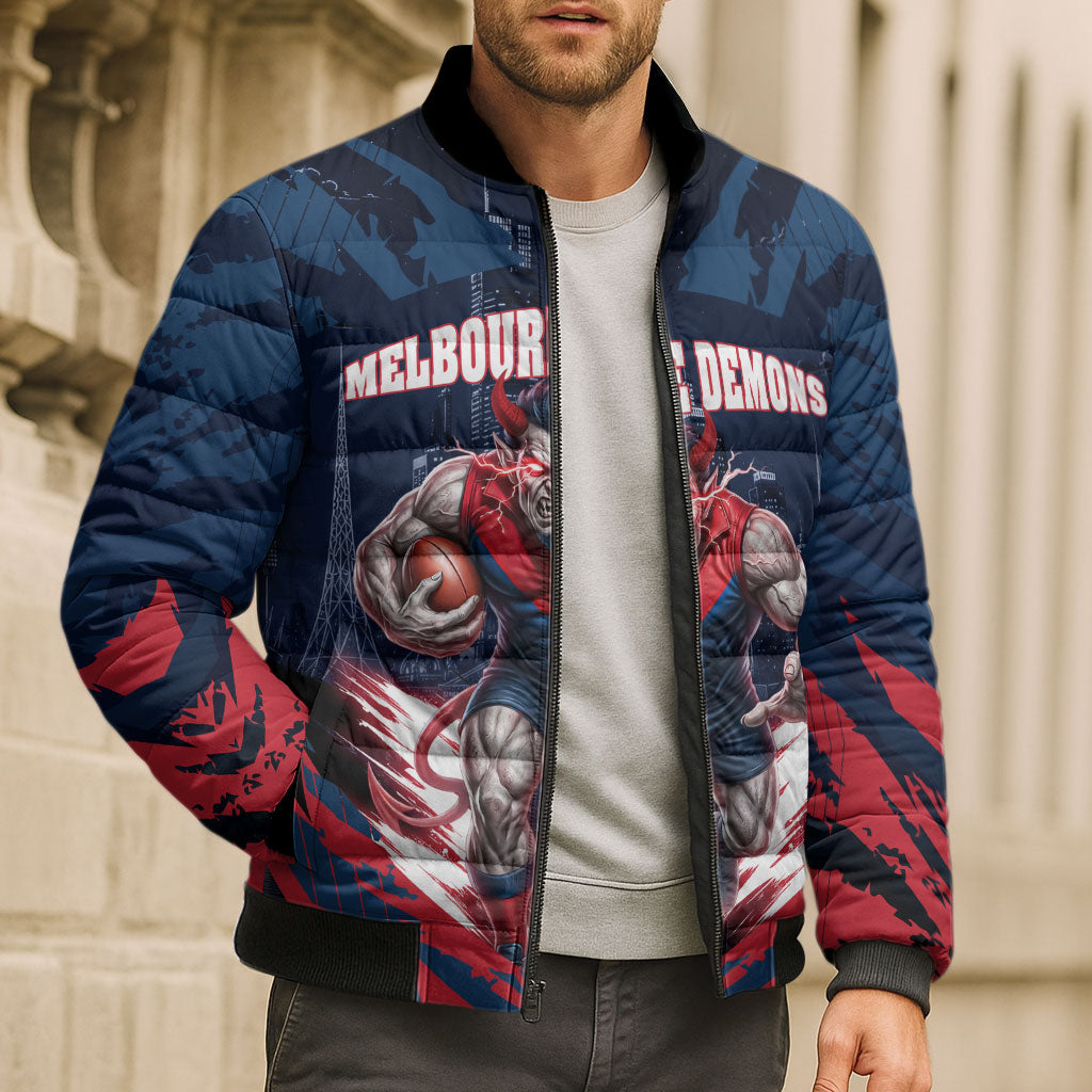 Personalised Melbourne Demons Football Bomber Puffer Jacket Fierce Devil Mascot 3D Grunge City Art