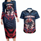 Personalised Melbourne Demons Football Couples Matching Long Sleeve Bodycon Dress and Hawaiian Shirt Fierce Devil Mascot 3D Grunge City Art