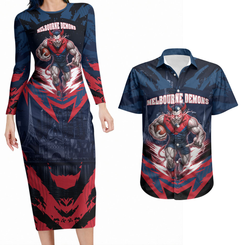 Personalised Melbourne Demons Football Couples Matching Long Sleeve Bodycon Dress and Hawaiian Shirt Fierce Devil Mascot 3D Grunge City Art