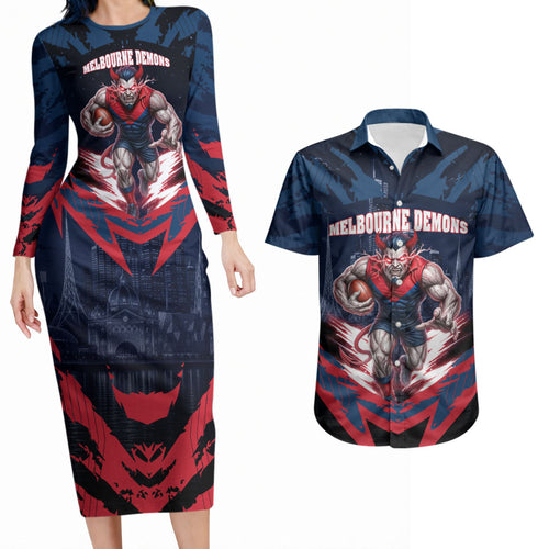 Personalised Melbourne Demons Football Couples Matching Long Sleeve Bodycon Dress and Hawaiian Shirt Fierce Devil Mascot 3D Grunge City Art