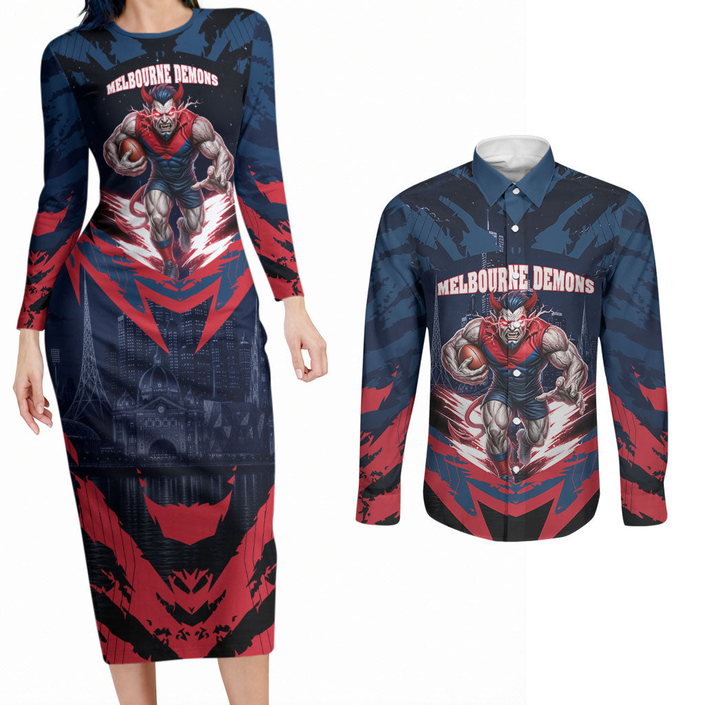 Personalised Melbourne Demons Football Couples Matching Long Sleeve Bodycon Dress and Long Sleeve Button Shirt Fierce Devil Mascot 3D Grunge City Art