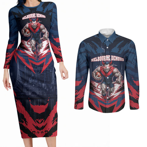 Personalised Melbourne Demons Football Couples Matching Long Sleeve Bodycon Dress and Long Sleeve Button Shirt Fierce Devil Mascot 3D Grunge City Art