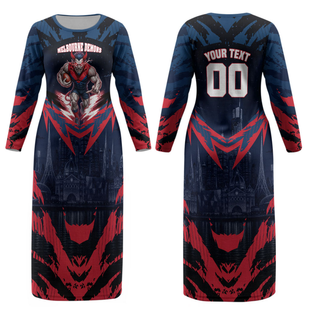 Personalised Melbourne Demons Football Couples Matching Long Sleeve Bodycon Dress and Long Sleeve Button Shirt Fierce Devil Mascot 3D Grunge City Art