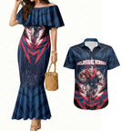 Personalised Melbourne Demons Football Couples Matching Mermaid Dress and Hawaiian Shirt Fierce Devil Mascot 3D Grunge City Art